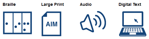 Types of AIM Braille, Large Print, Audio, Digital Text