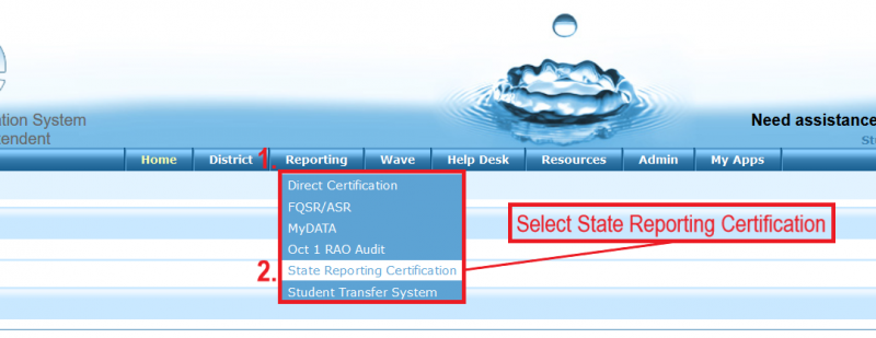 Image within the Wave Portal, highlighting the State Reporting Certification selection under the Reporting tab.